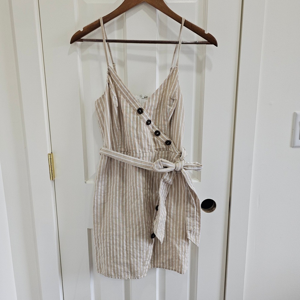 Essue Tan White Striped Cotton Mini Dress Faux Wrap Tie Waist Small LD32840H
